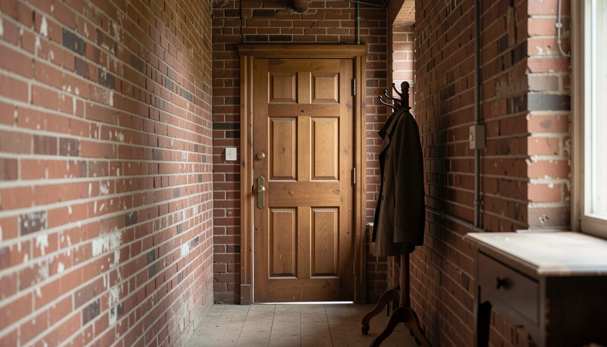 A backstage corridor in an old theatre: painted brick walls, a wooden door and a coat rack, nobody in the frame. No paper, no poster, no sign, no screen, no label and no printed surface in the frame; no lettering, no words and no numbers anywhere.