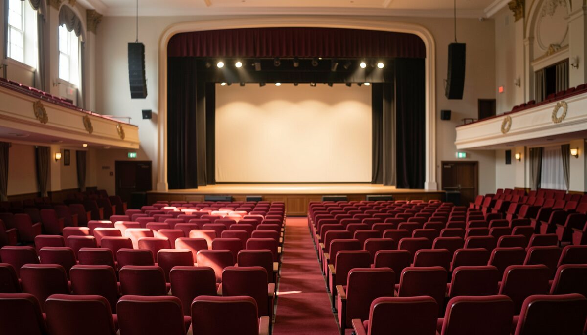 A mid-sized auditorium with red seats and a lit proscenium, seen empty from the centre aisle before a show.