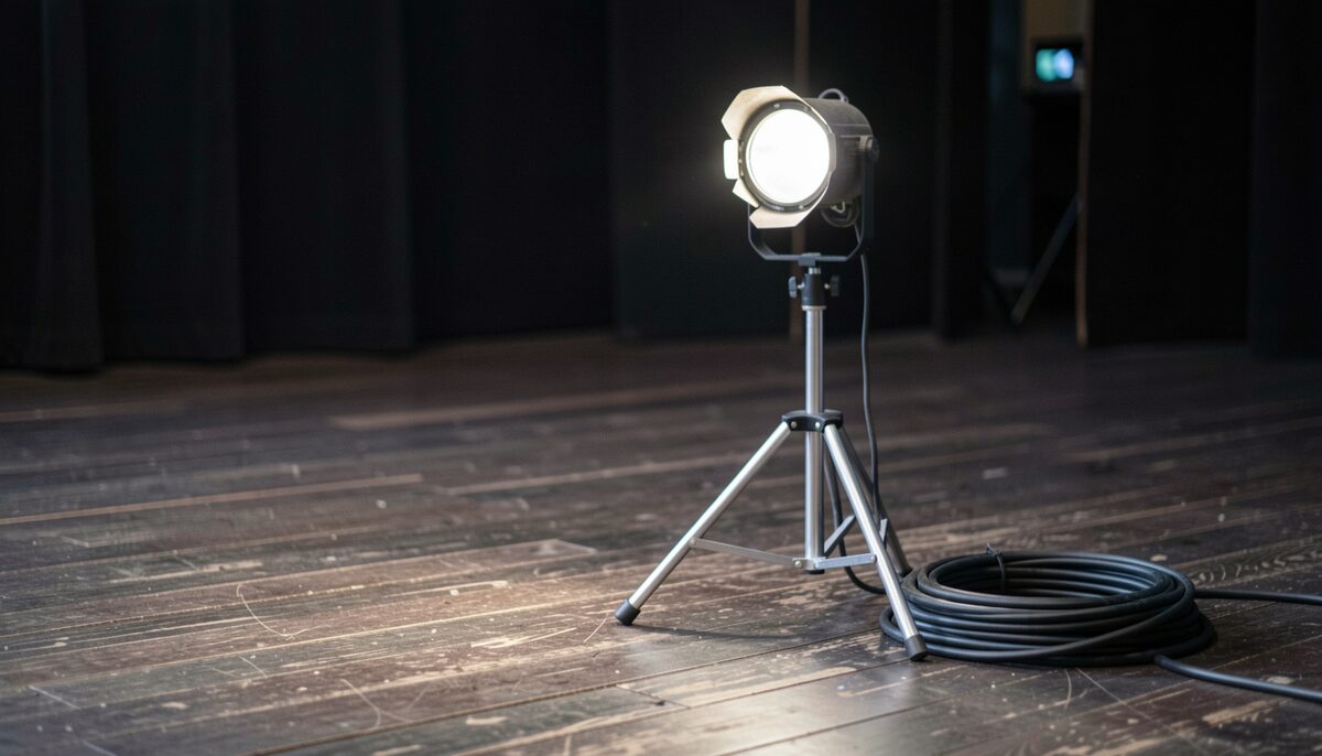 A single stage spotlight on a floor stand on a dark wooden stage, a coil of black cable lying beside it. No paper, no poster, no sign, no screen, no label and no printed surface in the frame; no lettering, no words and no numbers anywhere.