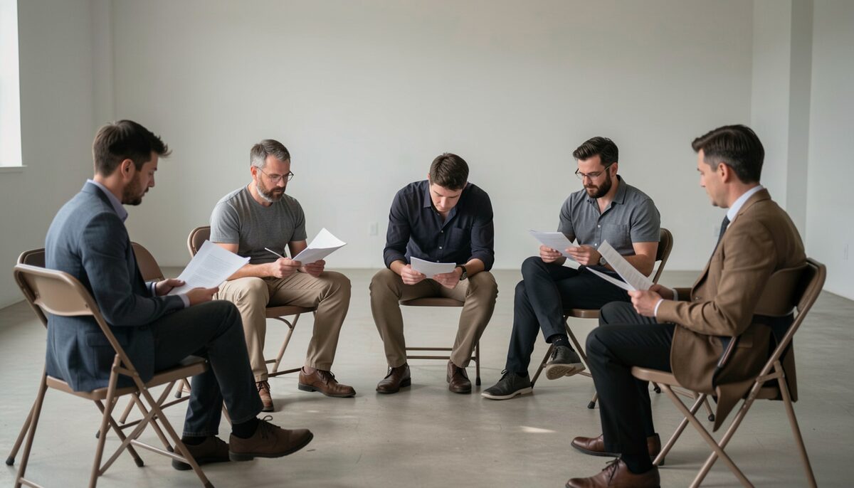 Actors seated in a circle of folding chairs with scripts in hand, one leaning forward to read, in a bare room.