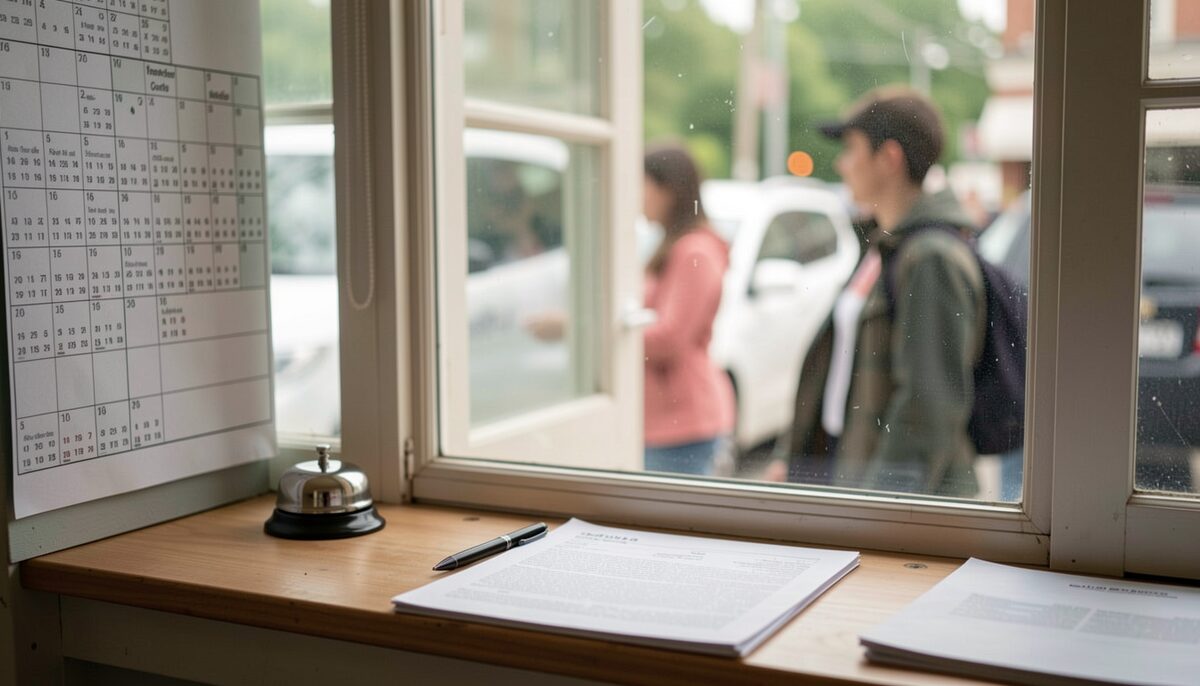 A box office window with a paper seating chart, a pen and a small bell on the counter, a queue of two in soft focus.