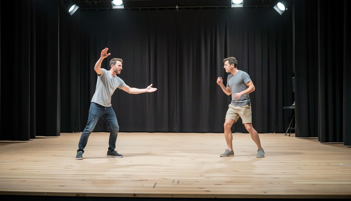 A thrust stage with a bare wooden floor and two actors rehearsing a scene in plain clothes, house lights half up.