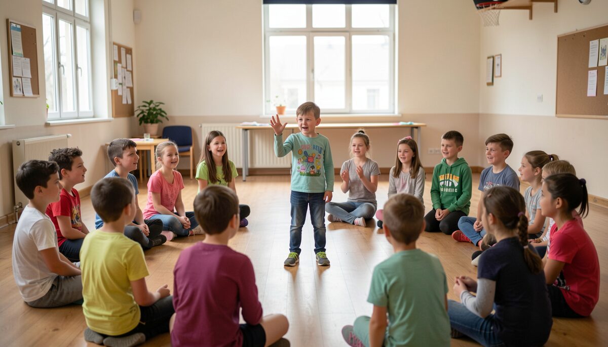 A school hall with children in a circle playing a drama warm-up game, one child mid-gesture, no lettering on the walls.